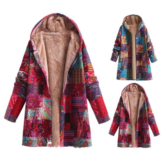 Manteau Vintage Style Ethnique Doublé Sherpa pour Femmes Manches Longues Imprimé Floral Veste Polaire Automne Hiver Fermeture Éclair Capuche Vêtement d'Extérieur