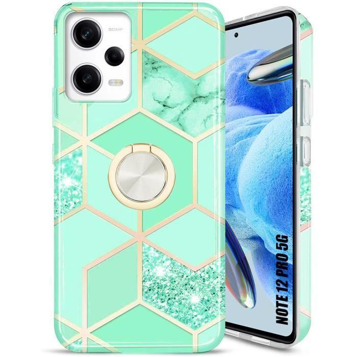 Coque Silicone - E.F.CONNECTION - Pour Xiaomi Redmi Note 12 Pro 5G - Motif Marbre Turquoise - Anneau Support - Antichoc