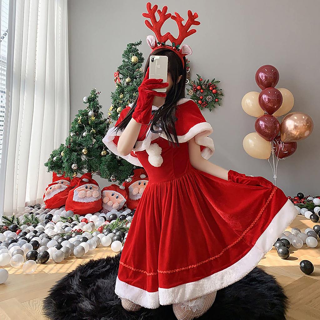 Milky Time Women's Christmas Santa Dress with Reindeer Headband (Red)