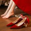 Suede Single Shoes Autumn New Pointed Toe Shallow Mouth Beaded One Strap Anti-Slip Wear-Resistant High Heels