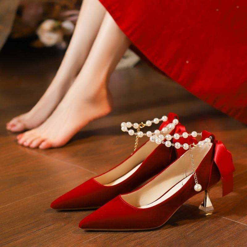Suede Single Shoes Autumn New Pointed Toe Shallow Mouth Beaded One Strap Anti-Slip Wear-Resistant High Heels