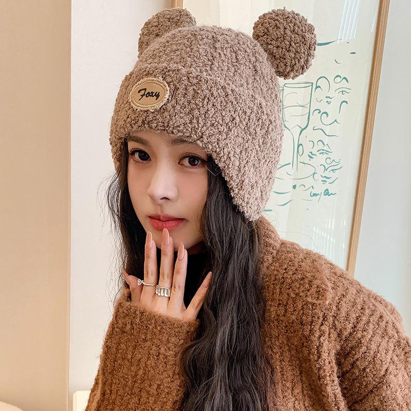 Cartoon bear plush thread warm hat women winter pullover ear protector knitted hat trendy face small cycling hat