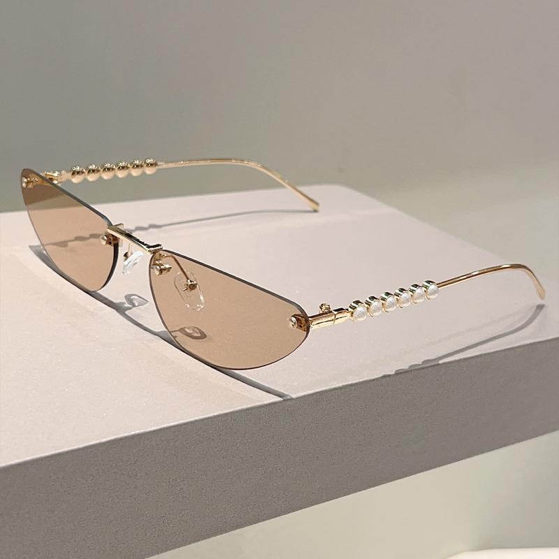 Rimless Triangle Sunglasses with Pearls Women  New Fashion Casual Sun Glasses Trendy Sweet Brand Design Decor Shades