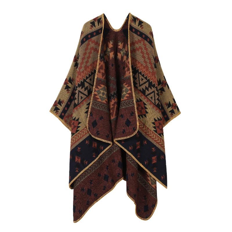 Western Ethnic Geometric Print Open Front Poncho Cape Blanket Wrap Warm Knit Shawl