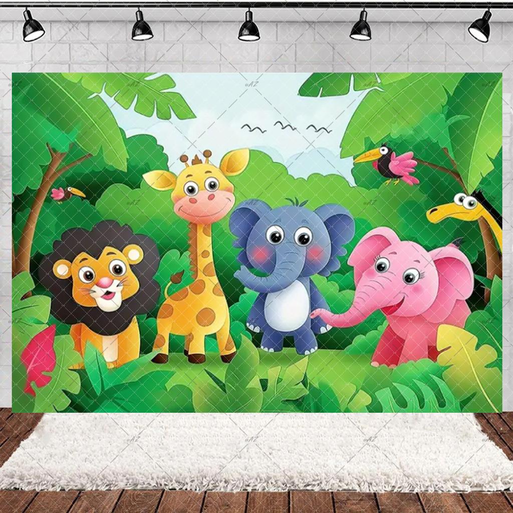 Jungle Wildlife Lion Giraffe Theme Banner Background, Children's Birthday Party, Home Decoration Photography Studio Background