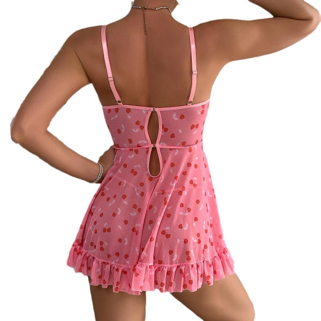 European and American women's clothing sex net clothes printed suspender hollow cute girl pink suspender nightdress perspective set