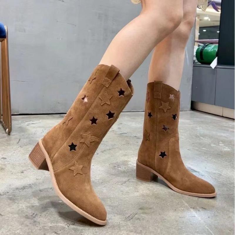 Trendy Women's Boots 2024 Autumn New Retro Hollow Breathable Pointed Suede Versatile Western Women's Boots Zapatos De Mujer