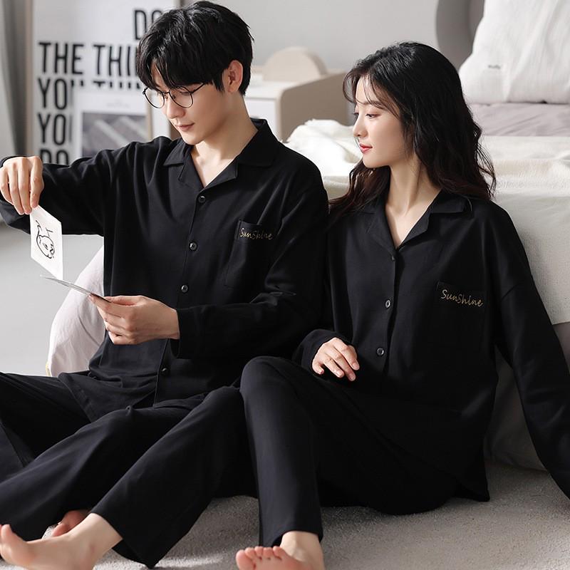 Spring & Autumn Couple Pajamas Set: Long Sleeve, Long Pants, Front Button Lapel Cardigan for Men & Women