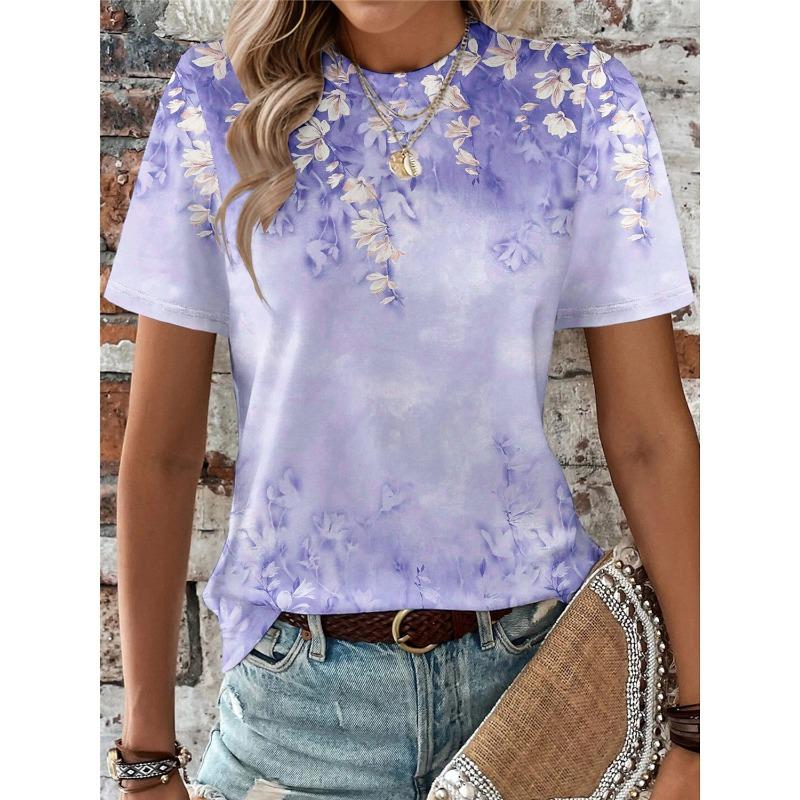 T-shirt d'été à manches courtes et col rond pour femme, imprimé floral 3D, décontracté et tendance