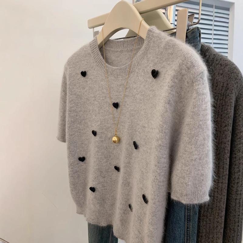Grey Sweater Short-sleeved Unique Temperament Knitted Sweater Top Women's Small Short Front Shoulder T-shirt Love