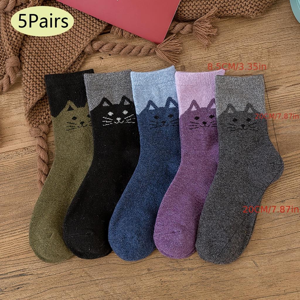 5 Pairs Women's Wool Thermal Socks - Thick Warm Winter Socks with Cute Cat Design, Multi-Color Assortment (Black/Gray/Purple/Blue/Pink)