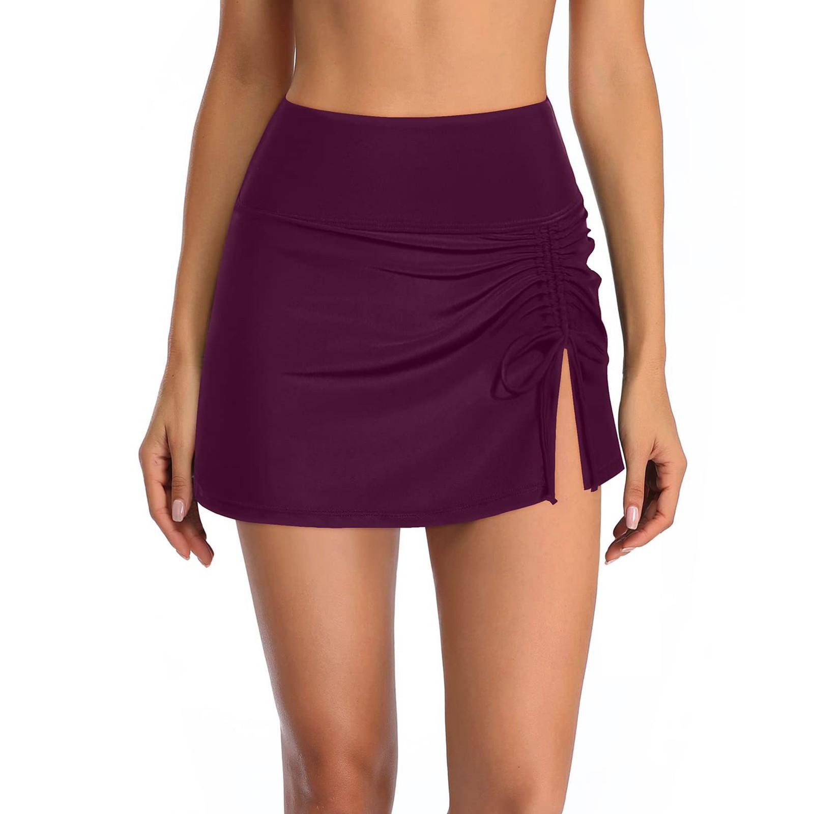 

Женские модные сексуальные однотонные плавки с высокой талией, плиссированные трусы для плавания с разрезами и шнурком, двойная юбка, плавки XXL винный