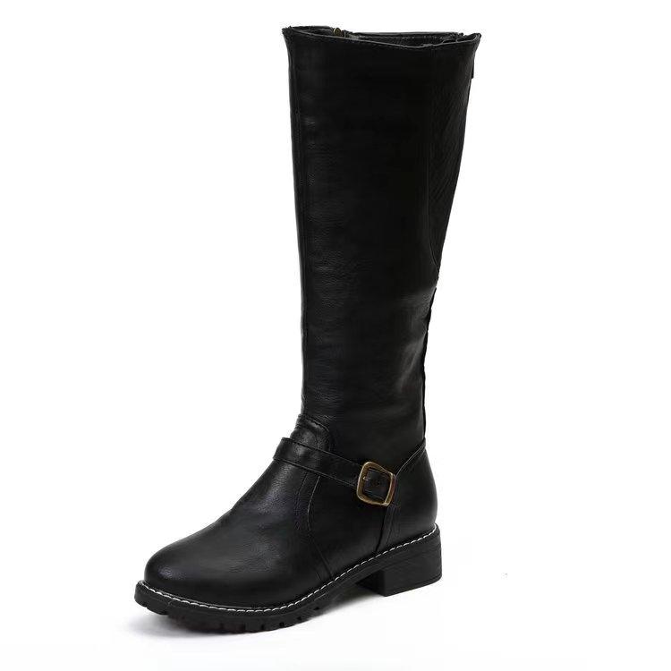 Fashion Winter Fashion Zipper Decoration Women's Round Head Thick Heel High Boots Solid Color Buckle Design Riding Boots Botas Mujer