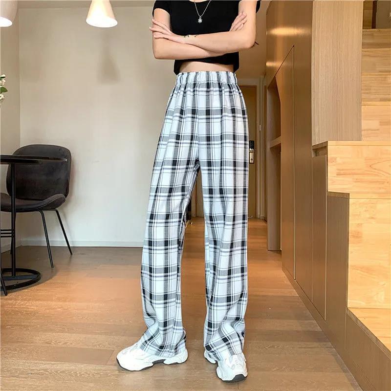 Vintage Plaid Women Pants High Waist Wide Leg Straight Pant Loose Casual Female Trousers Wide Leg Pant Fashion