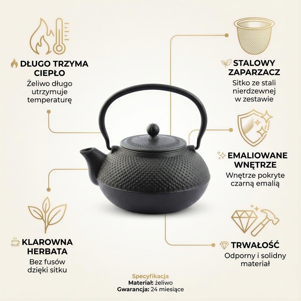 Cast Iron Kettle Black 1.5L Tea And Herb Infuser Enamel