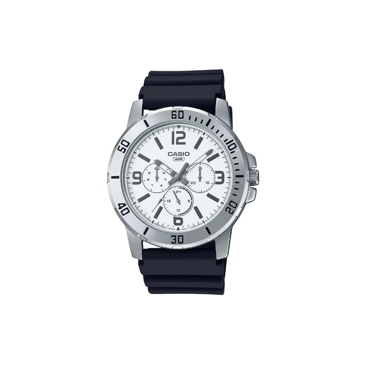 Casio Life Waterproof Quartz Movement Resin Strap Watch Men watches White MTP-VD300-7B White Dial