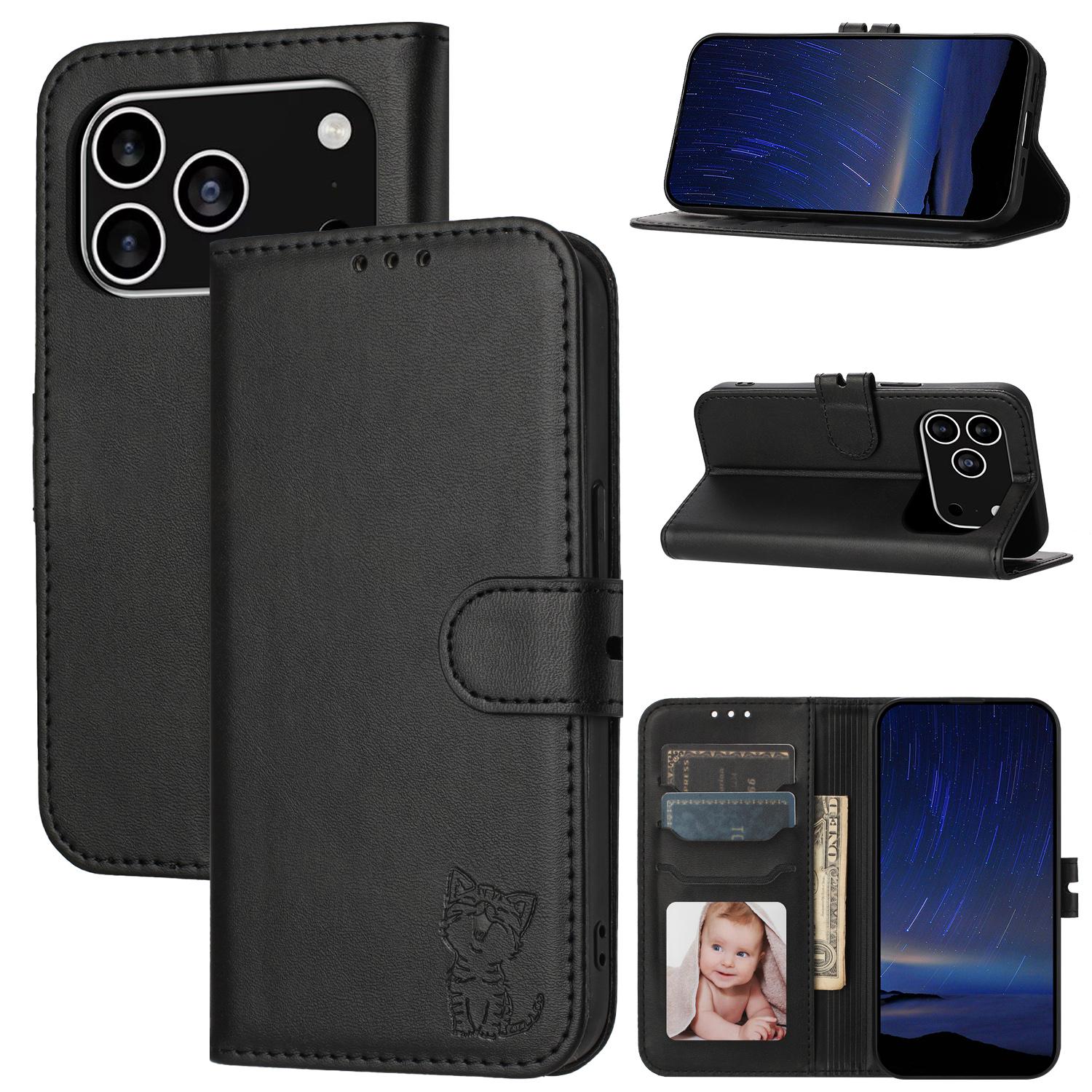 

Для iPhone 17 Pro Чехол Счастливый кот Узор Тисненый Кожаный Чехол-кошелек для телефона Black