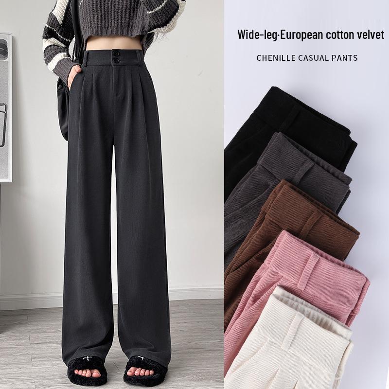 Women's Fleece-Lined Chenille Wide-Leg Pants: Tall, Draped, Casual Style for Spring & Autumn 2025