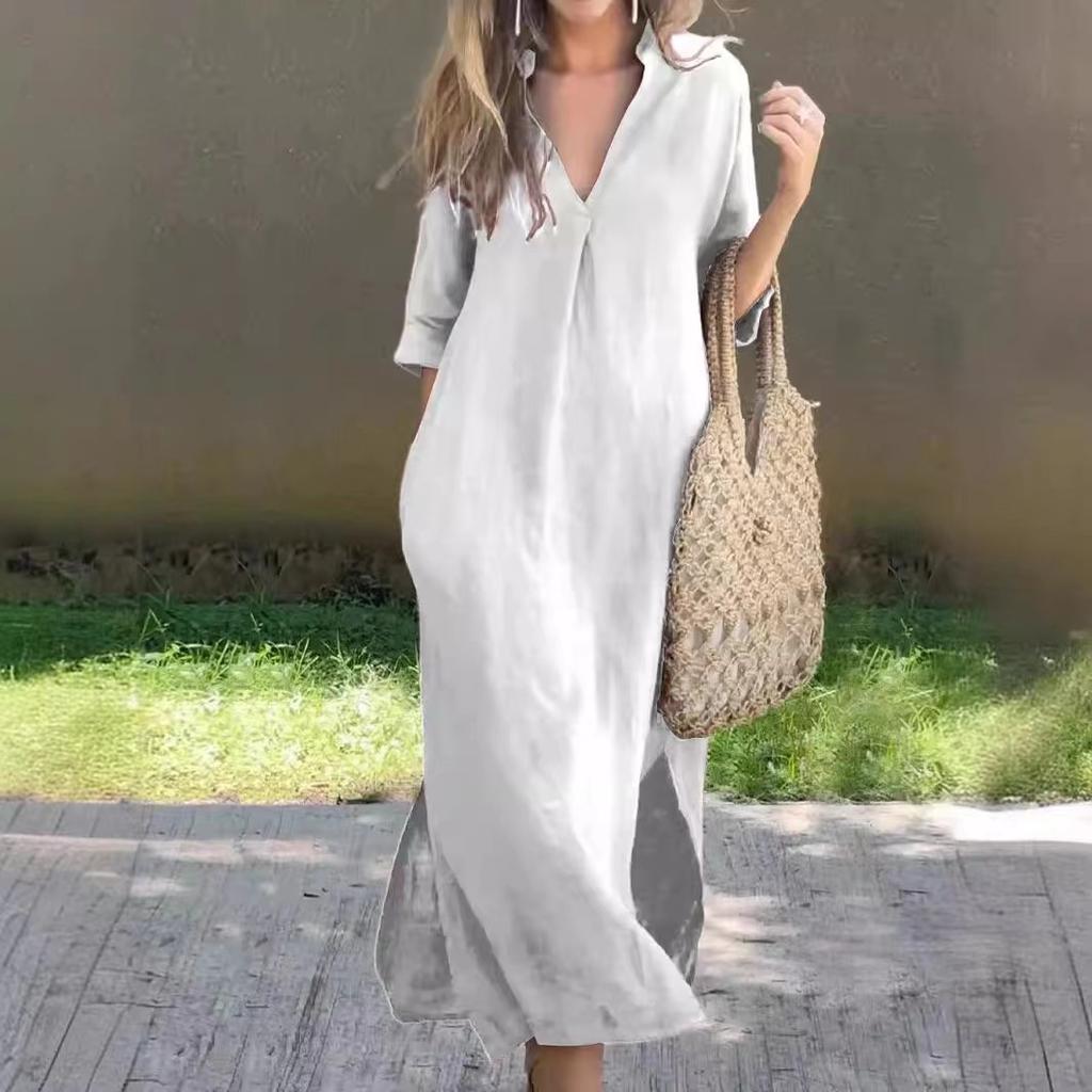 European And American Style Summer Explosion, Slit V-Neck 7-Point Sleeve Chest Pleated Dress On Both Sides