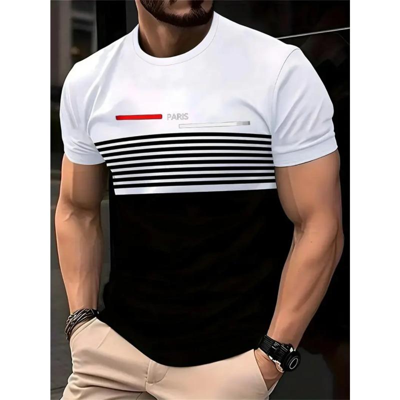 

Мужская летняя повседневная деловая футболка с 3D-буквой и горизонтальной полоской большого размера - Мягкая полиэстеровая ткань средней эластичности Летняя мужская одежда свободного кроя 2XL белый