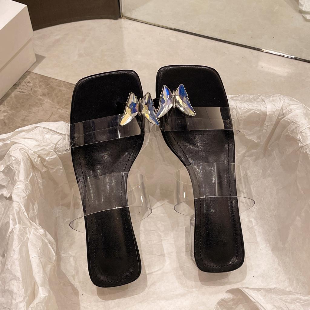 Fashion Square Toe Slippers Casual Shoes Transparent Heel Butterfly-Knot Slides Jelly Flip Flops Luxury Summer Block Glitter Crystal