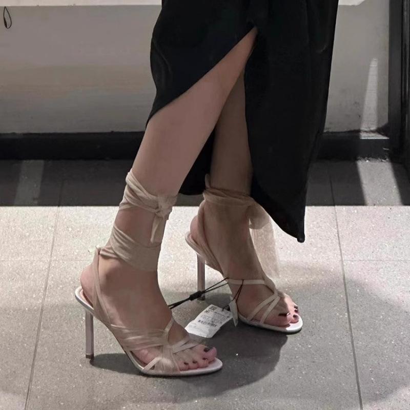 Fairy style elegant tulle cross-strap high heels female 2025 new round head open-toed stiletto Roman sandals
