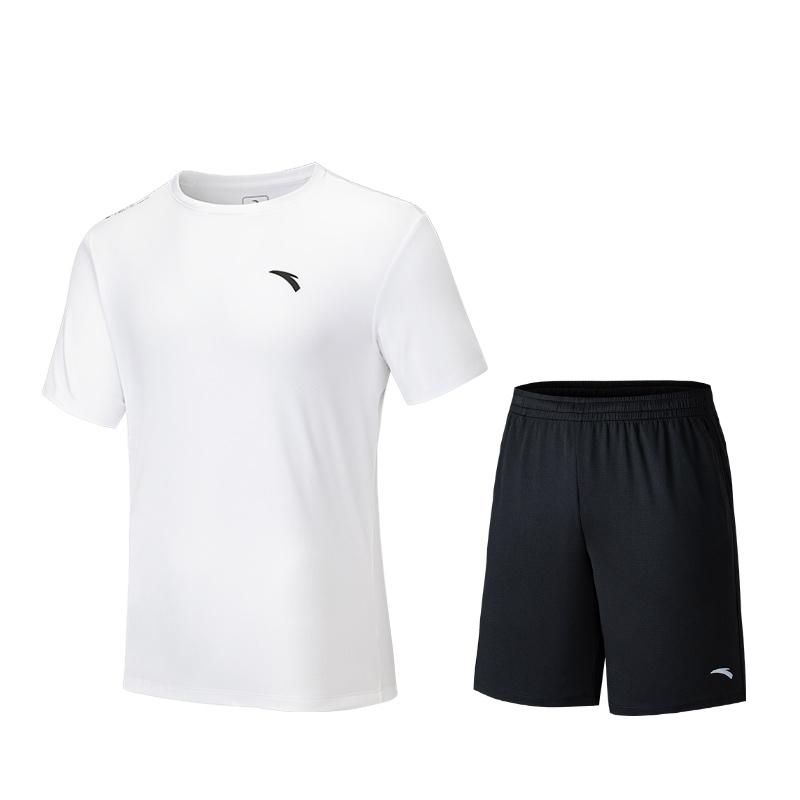 Anta Plain Round Neck Comfortable Breathable Versatile Short Sleeve T-Shirt And Mid Waist Shorts Casual Sports Set Men sets Pure-White 952527202-1