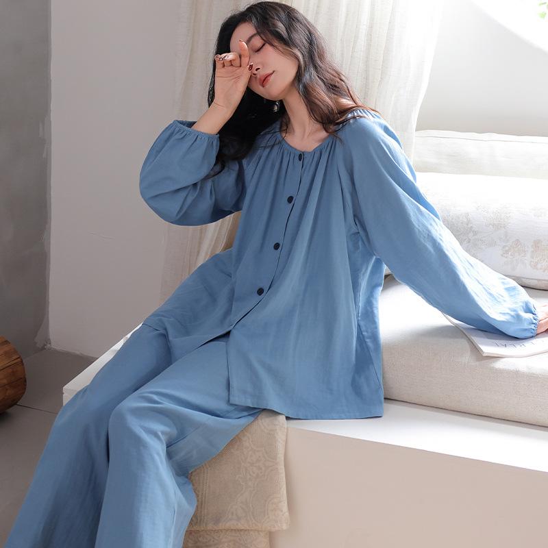 Spring pajamas women's 1011 new pure cotton simple spring and autumn long-sleeved cardigan two-piece cotton loungewear set