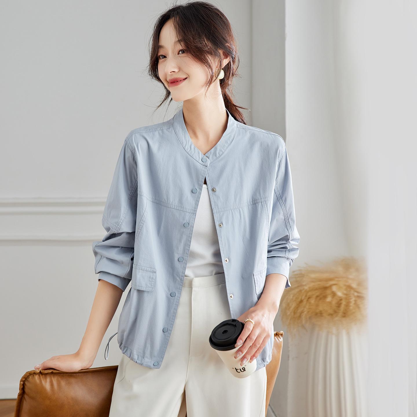 

Women s Haze Blue Long Sleeve Jacket, Casual Round Neck Outerwear - Autumn 2025 Korean Style L