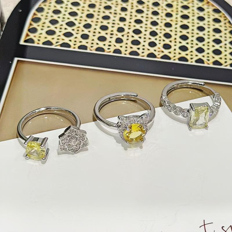 Fashion Light Luxury Yellow Zircon Camellia Flower Full Diamond Opening Ring High Sense Temperament Color Treasure Personality Ring Woman