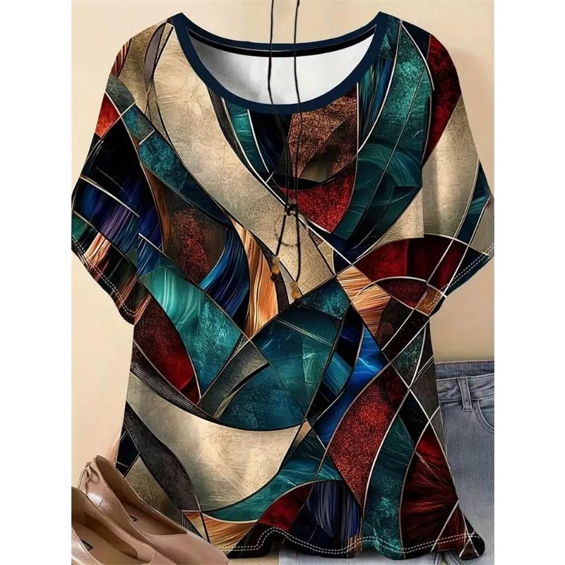 Comfortable Tee Crew Neck Short Sleeve Fashion Women's Simple Short Sleeve Crew Neck T-Shirt 3D Simple Color Printing Tops