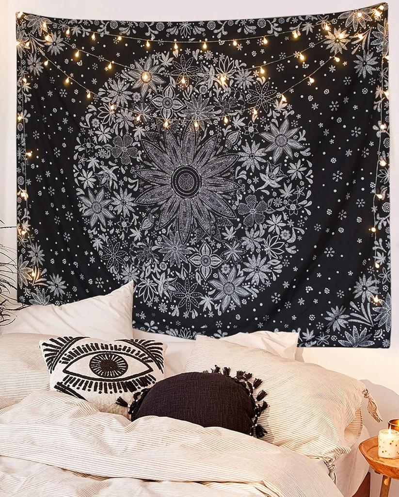 Bohemian Tapestry Wall Hanging Black and White Floral Tapestry with Dotted Daisy Medallion Print Bedroom Boho Hippie Home Decor