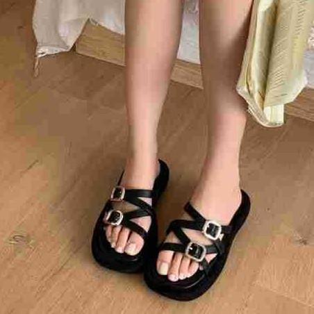 French Flat-Bottomed Cross-Strapped Open-Toed Cool Slippers Female Summer Wear Fairy Wind Beach One-Word Slippers 35