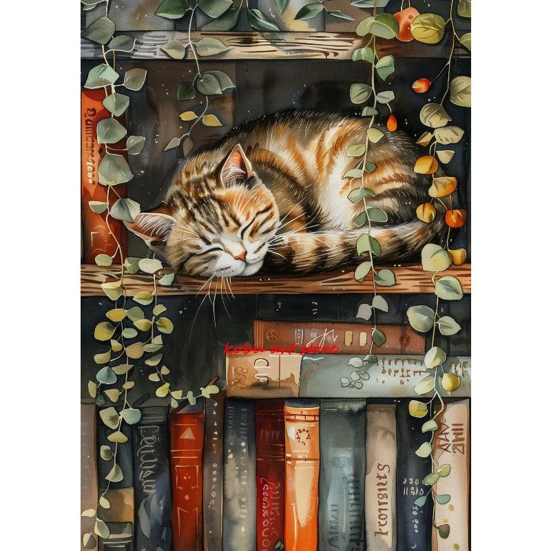 Vintage Sleeping Cat Antique Posters Canvas Printing Stack Books Lazy Cat Bookish Wall Art Picture for Library Home Room Decor