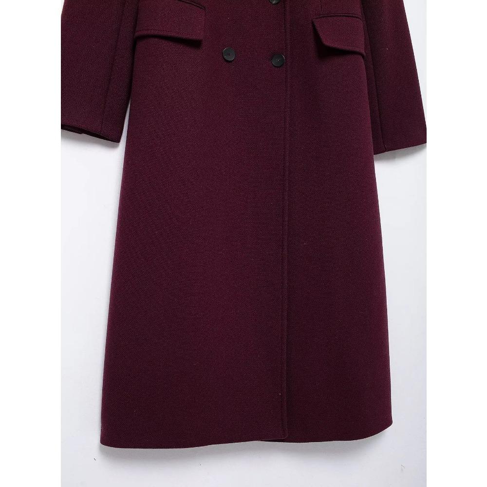 Women Fashion Burgundy Woolen Coat Double Breasted Long Sleeve Lapel Blends Jacket Autumn Winter High Street Outerwear
