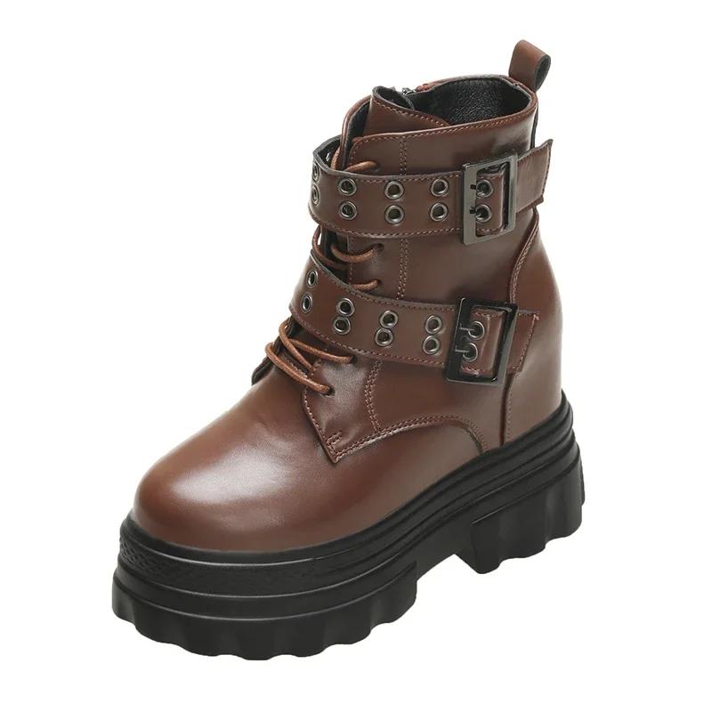 

Модные женские мотоциклетные ботинки на высокой платформе высотой 11 см, зимние ботинки на танкетке, ботильоны, массивные кроссовки, новые осенние кожаные панк-ботинки для женщин 34