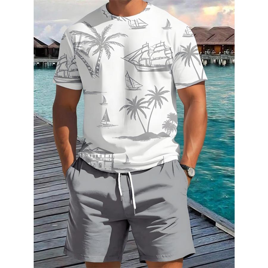 2025 Summer New Men's Short Sleeve Palm Tree Print Two Piece Drawstring Shorts Set Fashion Men's Vacation Beach Casual Suit