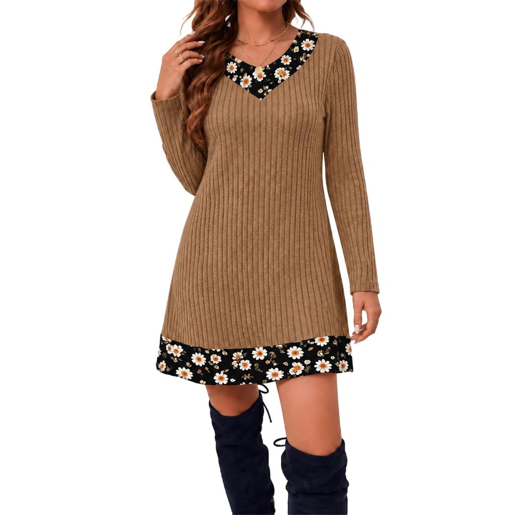 Tunica Casual da Donna a Girocollo a Manica Lunga con Patchwork a Quadri di Media Lunghezza