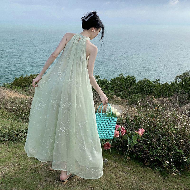 Women s Sleeveless Green Floral Chiffon Dress - Chinese Style, Wide-Hem, Summer 2026 Vacation Wear S