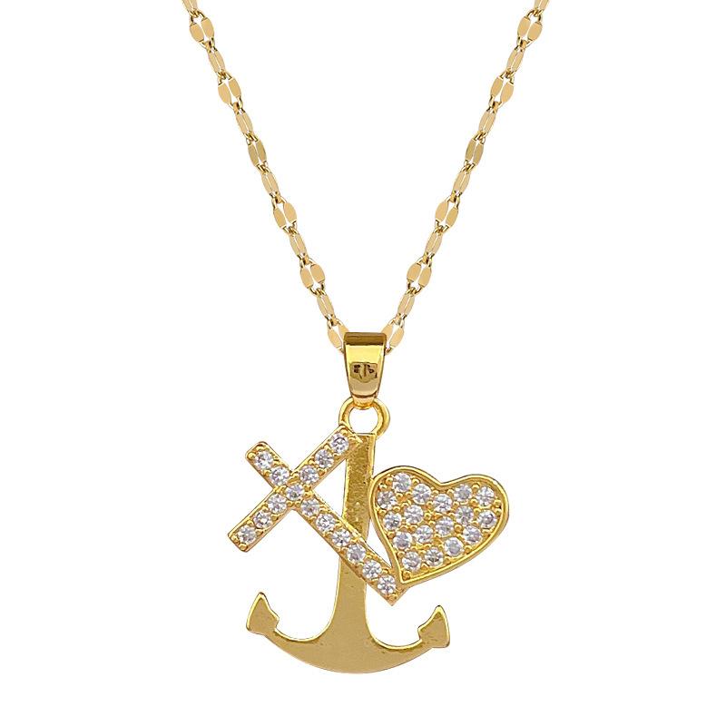 Anchor Cross Light Luxury Temperament Gorgeous Full Diamond Necklace Women'S Versatile Collarbone Chain Titanium Steel Chain