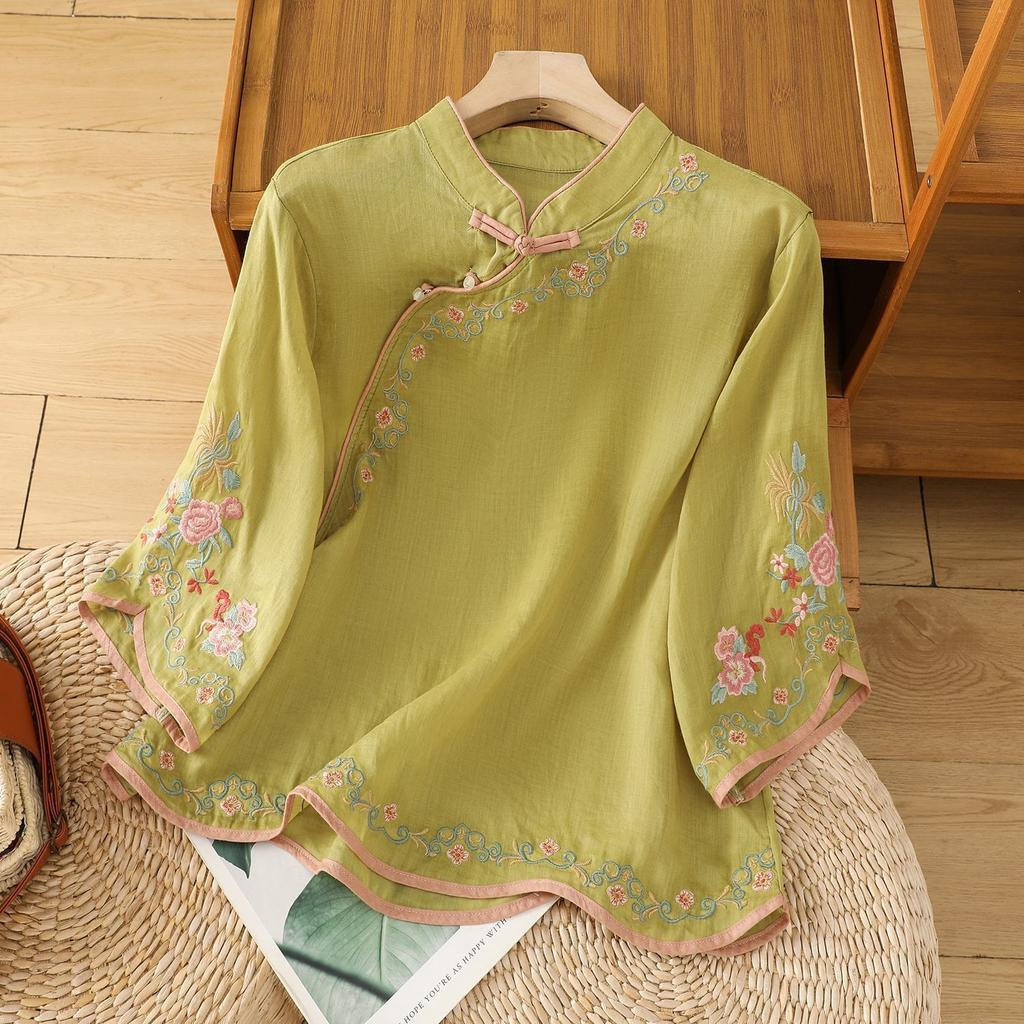 Summer Women's Artistic Vintage Embroidery Slimming Cotton Linen Women's Top with Button Color Block Sleeveless Shirt