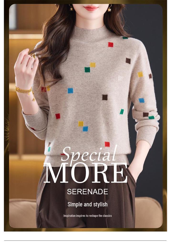 Damski Sweter Wełniany Petite Color Block - Dzianinowy Top z Półgolfem na Jesień/Zimę