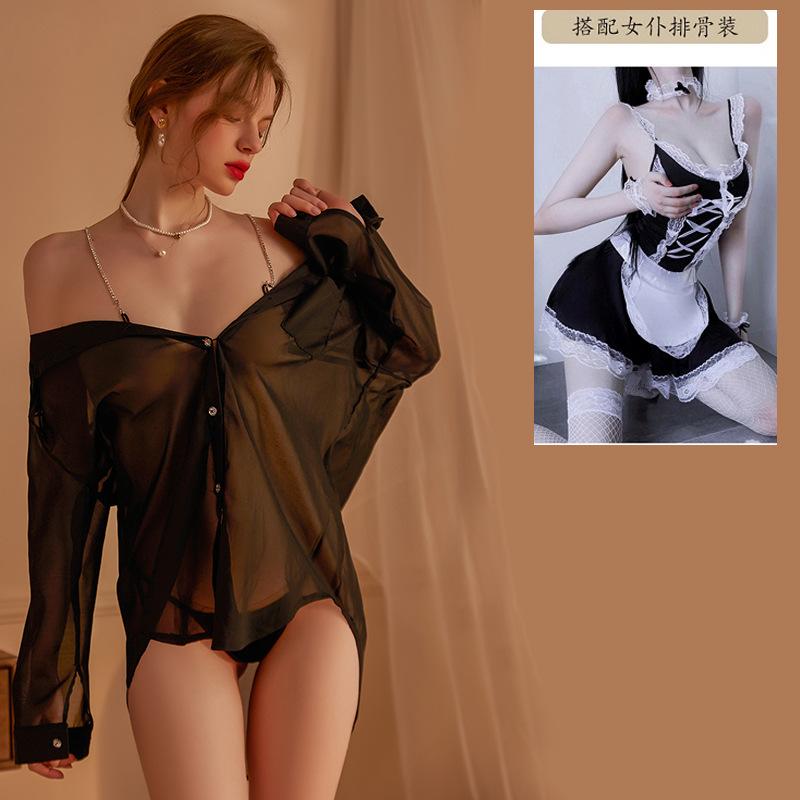 Sexy Dessous sexy Chiffon transparente Robe reine Begierde freies weißes Hemd Sekretärinnenuniform Bett-Tease Damenpyjama