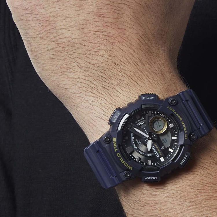 Casio Youth Series Round Dual Display Trendy Versatile Ten Year Battery Waterproof Quartz Movement Resin Strap Watch Men Watches Blue AEQ-110W-2AVDF