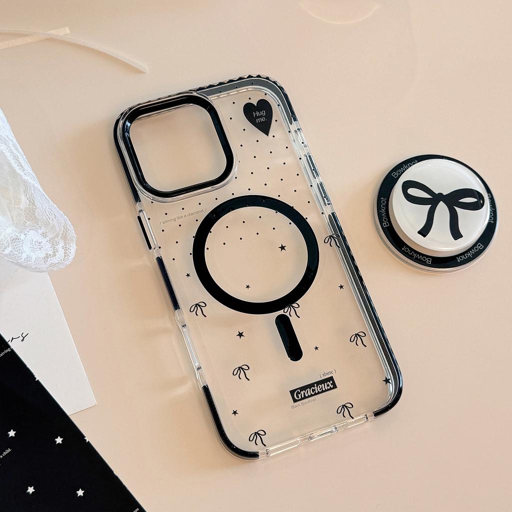 Polka Dot Bow Magnetic Suction Bracket Suitable for IPhone16 Mobile Phone Case 15Promax Transparent 13 Advanced 12 Anti Fall