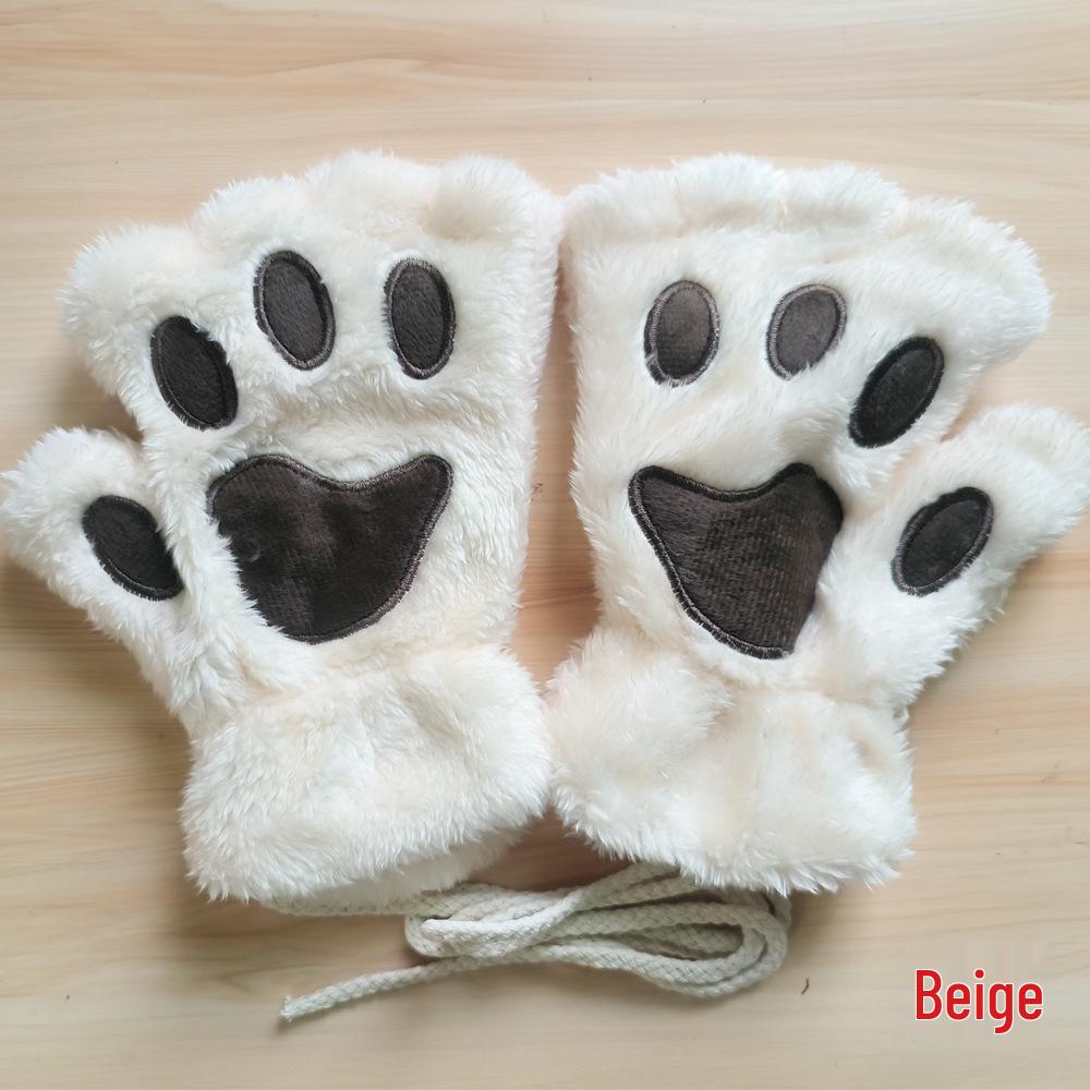 Women's Cute Cartoon Bear Paw Fingerless Plush Gloves with Hanging Neck
