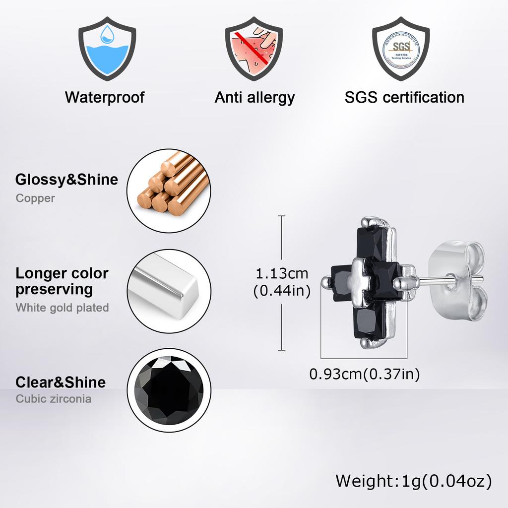Cross Zircon Stud Earrings for Men Boys,Hip Hop Black White CZ Stone Metal Earring,Trendy Jewelry Gifts