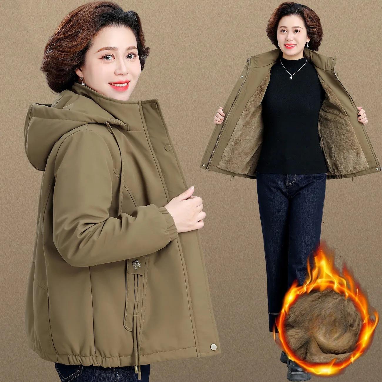 

Зимняя одежда для мамы, плюс бархатное толстое хлопковое пальто, куртка, темпераментная женская осень и зима XS хаки
