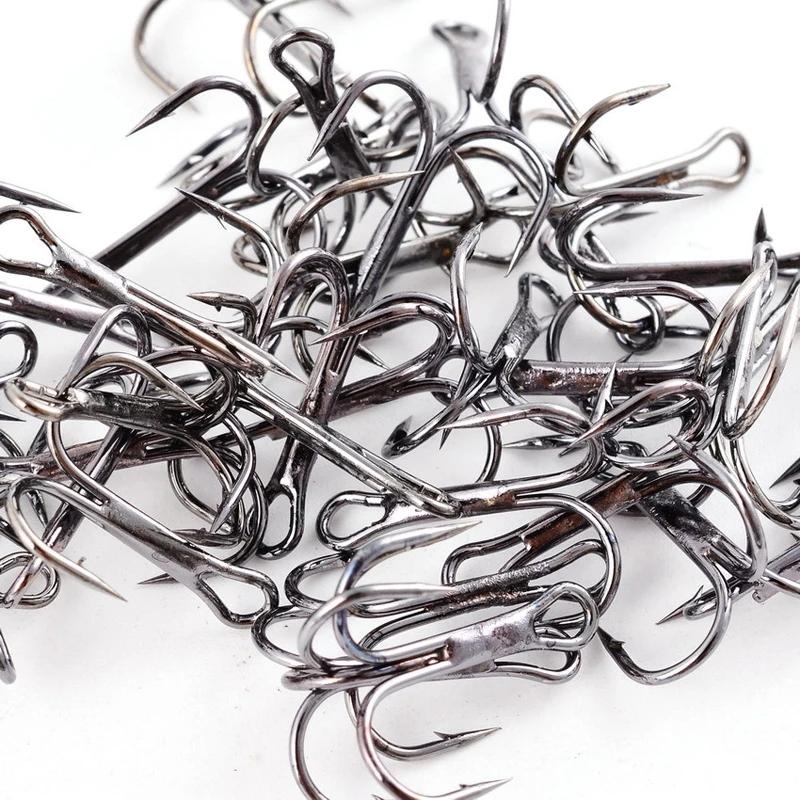 50pcs/box Treble Fishing Hook Fishing Hook High Carbon Steel Treble Overturned Hooks Fishing Tackle Round Bend Treble For Bass