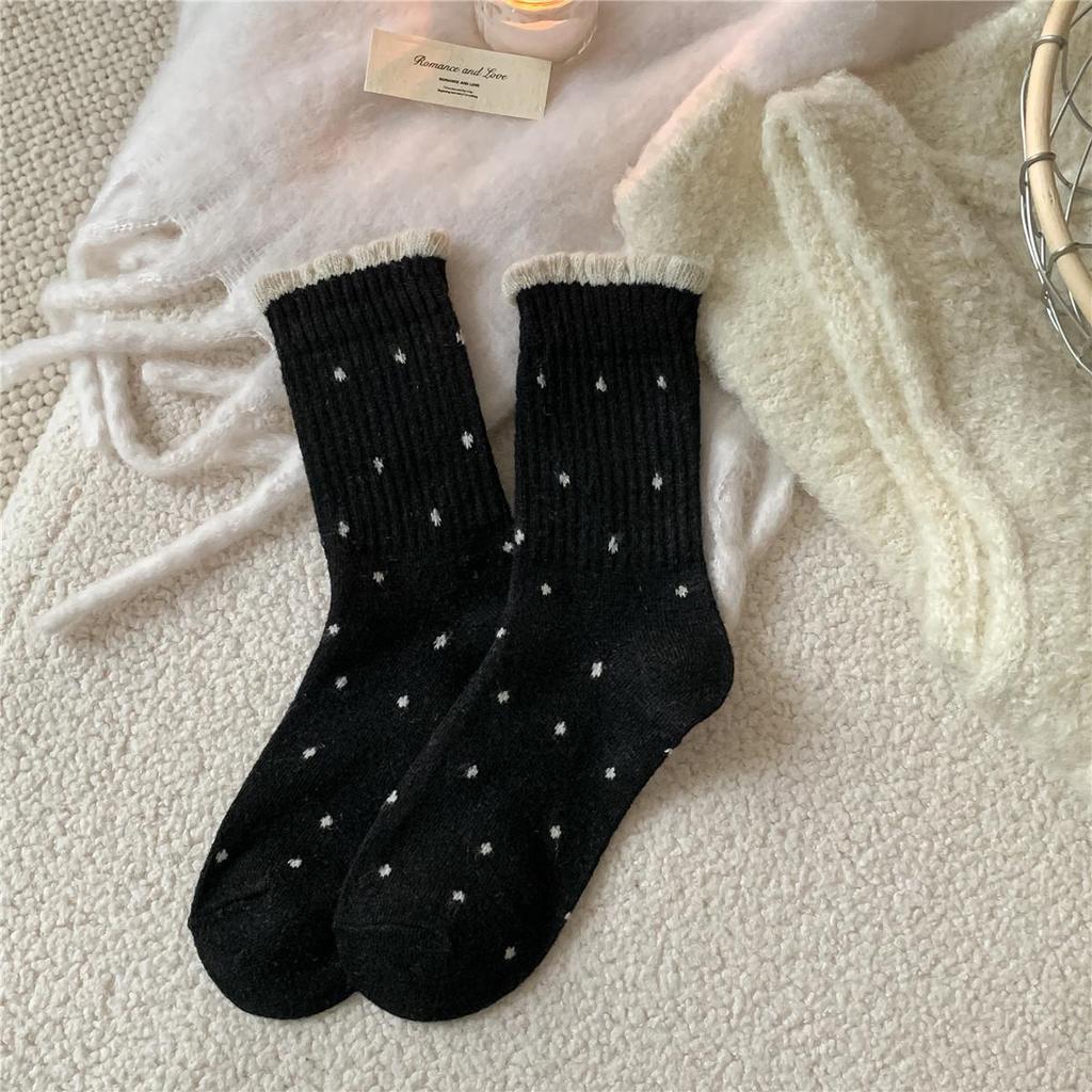 Women's Mid-Calf Polka Dot Warm Wool Socks - Gray, Thick, and Versatile for Winter